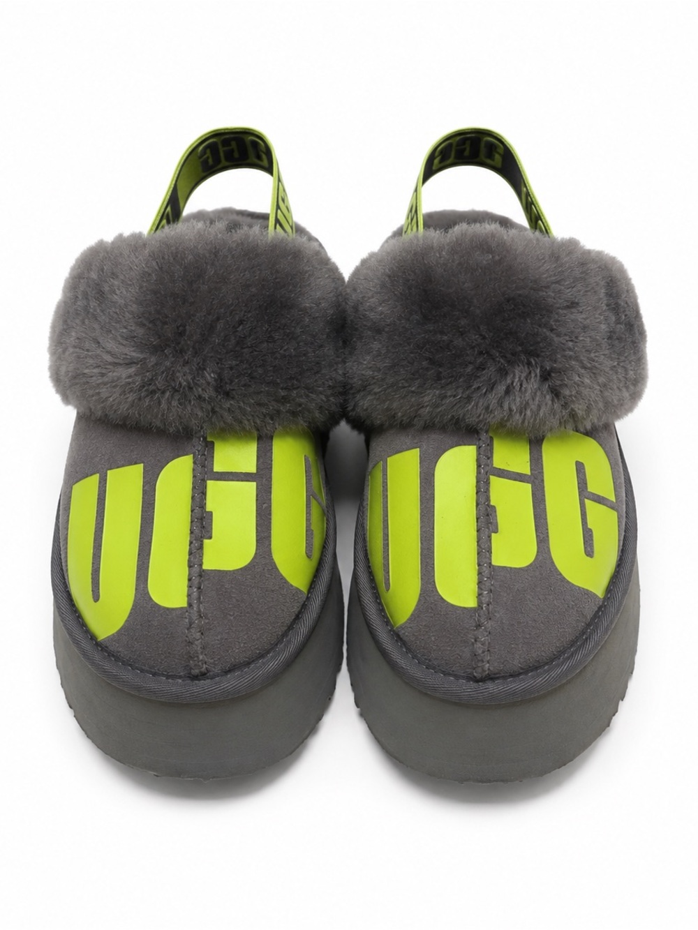 UGG Disco Funkette Platform Slippers Gray Green Shearling Size 8 Women Like New